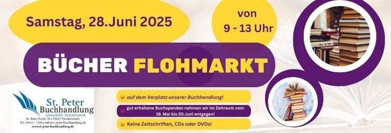 Von 9 bis 13 Uhr vor unserer Buchhandlung!
Gut erhaltene Buchspenden nehmen wir vom 19. Mai bis 20. Juni entgegen!
Keine Zeitschriften, CDs oder DVDs!