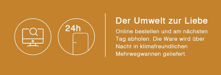 click & collect Online stöbern, bestellen und am nächsten Tag im Bücherkabinett abholen. Die Ware wird nachts in klimafreundlichen Mehrwegwannen geliefert - ein Plus für unsere Umwelt.