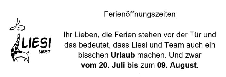 Sie können bei uns telefonisch oder per Mail bestellen:
030/20 88 97 34
liesi@liesi-liest.de