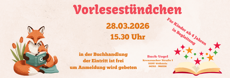 Es ist wieder soweit - unser nächstes Vorlesestündchen ist fürs Frühjahr geplant.
Lasst uns zusammen mit schönen Geschichten den Frühling begrüßen.
Wir freuen uns auf euch!