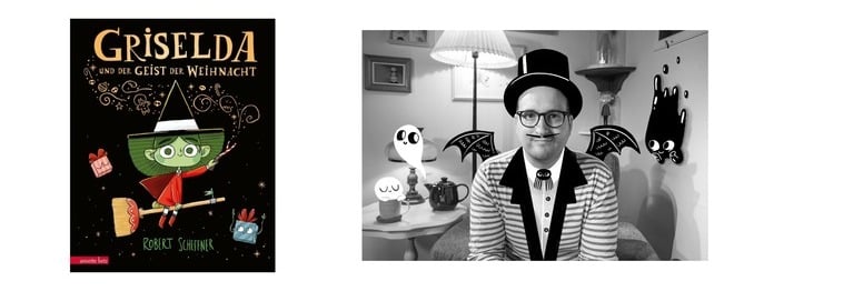 Cover Bilderbuch Griselda und Autor Robert Scheffner in Halloween-Verkleidung