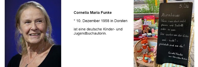 Abenteuer…
kann man doch nicht
planen wie Ballett oder so was.
Die warten um die Ecke
Und – zack! –
plötzlich sind sie da!
Cornelia Funke
(aus: Die wilden Hühner)