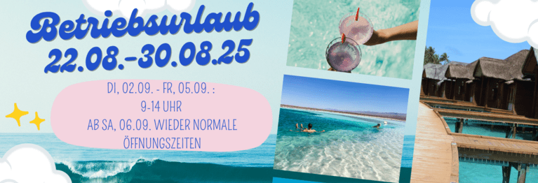 Schriftzug Betriebsurlaub auf blauen Hintergrund mit Wellen