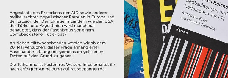 POLITISCH LESEN
Der ZweiEinsDrei Buchklub im HausDrei

20. Mai - 08. Juli 2026, jeweils Mittwoch um 19:30 Uhr im HausDrei