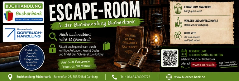 Escape-Room in der Bücherbank, ca. 90 Min. für 3-8 Personen