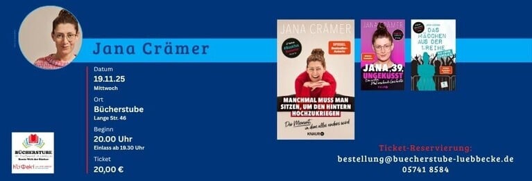 Jana Crämer, BookTok Autorin des Jahres 2023, stellt am 19. November (Mittwoch) ihr gerade erschienenes Buch »Manchmal muss man sitzen, um den Hintern hochzukriegen« vor.