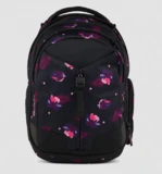 schwarzer Satch Schulrucksack mit Frontfach und violettem Feder-Muster