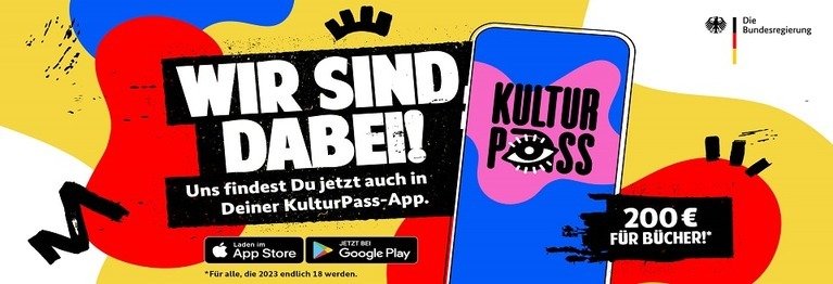 Kulturpass! Wir sind dabei! Der KulturPass ist da! Ab diesem Sommer erhaltern alle, die in 2023 in Deutschland 18 Jahre alt werden, ein Budget von 200 Euro für Kulturangebote, die über die KulturPass-App bzw. - Webseite u.a. für Bücher  bei uns eingelöst werden können.