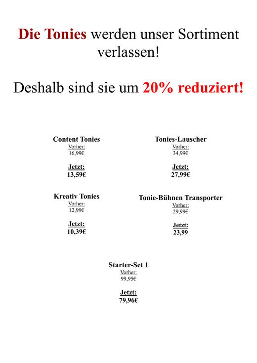 Wir trennen uns von den Tonies. Auf alle lagernden Tonies samt Zubehör bekommt ihr 20% Rabatt.