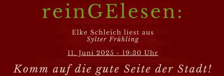 Elke Schleich: Sylter Frühling
11.06.2025 · 19:30–21:30 Uhr

Kottmann am HKP – Das Literatourcafé
Eintritt: 10 € – Für das leibliche Wohl ist gesorgt (Getränke inklusive) · Einlass ab 19:00 Uhr