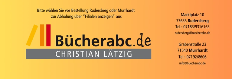 Willkommen bei der Buchhandlung BücherABC. Wählen Sie oben die Filiale Rudersberg oder Murrhardt aus.  Telefon Rudersberg 07183-9316163 Telefon Murrhardt 07192-8606. Adresse Rudersberg: Marktplatz 10 Adresse Murrhardt Grabenstr. 23 Mail Murrhardt info at