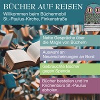 Bild mit Büchern und den Terminen für unser Buchmobil: März: Mo, 2. + 16.03.2026 April: Mo, 13. + 27. 04.2026 Mai: Mo, 11. 05. 2026
