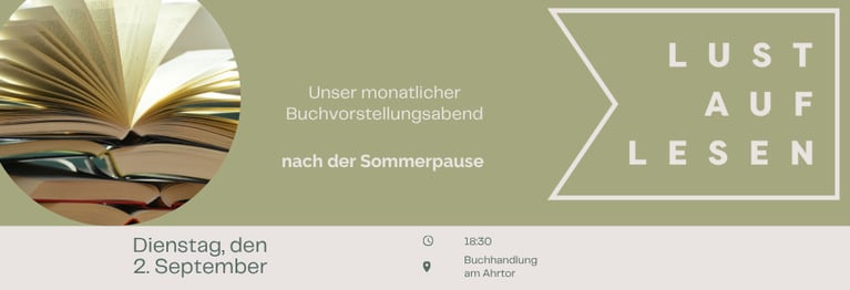 An (fast) jedem 1. Dienstag im Monat stellen wir Bücher und Autoren vor, die wir besonders mögen. Einfach vorbeikommen!
Nach unserer Sommerpause geht es weiter.