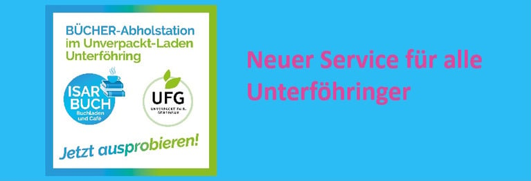 Sie kommen aus Unterföhring?.... .... möchten Ihre Bücher lokal kaufen, aber schaffen es nicht immer zu uns nach Ismaning? Dann kommen wir gerne zu Ihnen: Wir liefern Ihnen Ihre Bücher einfach in den Unverpackt-Laden im S-Bahnhof. Meist sogar über Nacht!