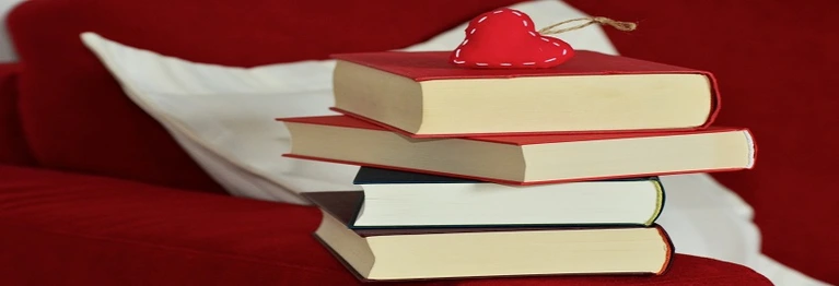 Rotes Sofa auf dem ein Stapel Bücher steht. Obendrauf ein rotes Stoffherz