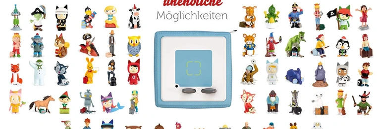 Hören und Spielen verbinden:
Tonies erzählen Geschichten, spielen Musik und vermitteln Wissen.
Bei uns gibt es Tonies, Transporter, Lauscher, Starter-Sets, Kreativ-Tonies und natürlich die wunderbaren Steiff Soft Cuddly Friends mit Hörspiel.