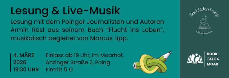 Anmeldung im Buchladen oder per Mail, Telefon, Social Media
Eventim:
https://www.eventim-light.com/de/a/6952339a98cc126ea25ebbd3/e/698b358bb22afd11269f5d79

Eintritt 5 €