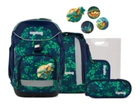 Ergobag Schulrucksack mit Drachen-Kletties auf dunkelblau-grünem Grund
