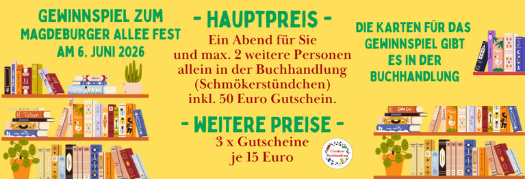 Beim Alleefest gibt es bei uns ein tolles Gewinnspiel: Hauptpreis: ein Abend allein in der Buchhandlung inkl. 50 Euro Gutschein.