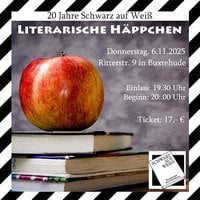 Einladungsbild für die literarischen Häppchen mit Apfel und Buch