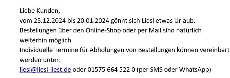 Herzlich Willkommen bei "Liesi liest" Sie können bei uns telefonisch oder per Mail bestellen:
030/20 88 97 34
liesi@liesi-liest.de