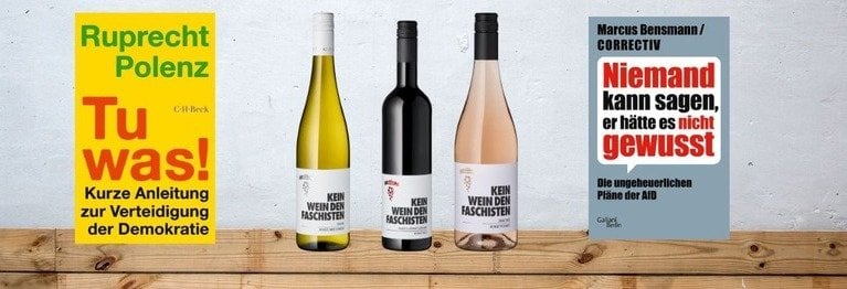 Kein Wein den Faschisten Eine Herzensangelegenheit und jetzt bei uns erhältlich: Weine mit dem Label "Kein Wein den Faschisten". Und die passenden Bücher haben wir natürlich auch.