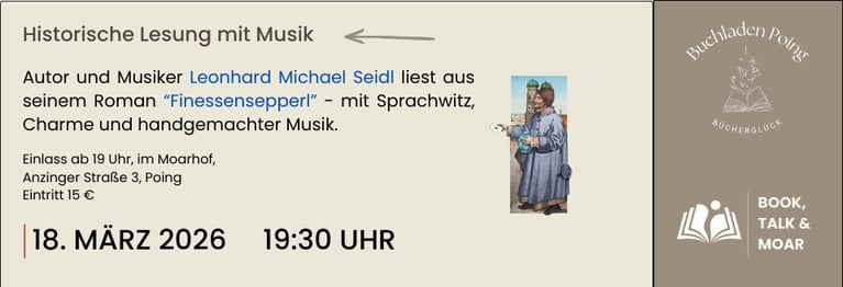 Anmeldung im Buchladen oder per Mail, Telefon, Social Media
Eventim:
https://www.eventim-light.com/de/a/6952339a98cc126ea25ebbd3/e/6993642db9209a715f033f46

Eintritt 15 €