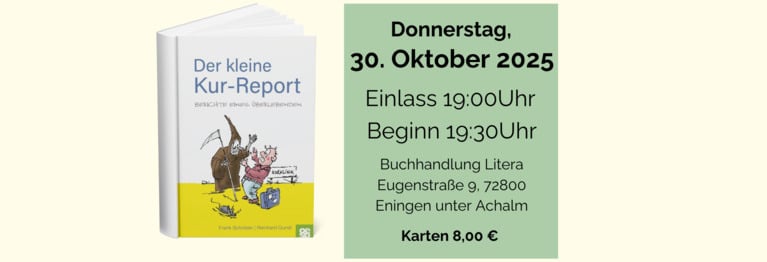Eine verschmitzte Satire, mal liebevoll, mal bitterböse. Zum Schmunzeln – nicht nur für Kur-Erfahrene.

In der Pause kann man sich bei einem leckeren Gläschen und etwas zu knabbern stärken.