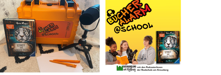 Logo des Bücheralarm und Foto eines orangen Koffers der Podcasttechnik enthält.