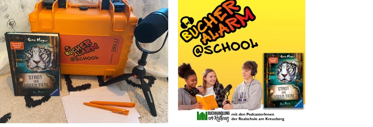 Logo des Bücheralarm und Foto eines orangen Koffers der Podcasttechnik enthält.