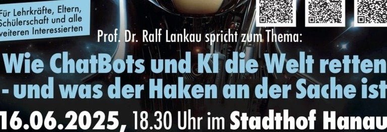 - Achtung: diesmal schon um 18:30 Uhr im Stadthof Hanau -
Im Rahmen der Rotary Vortragsreihe:
"Hilfsmittel digitale Medien - Wo ist mein Weg?"
ist Prof. Ralf Lankau zu Gast;

für Pädagogen, Eltern, Jugendliche und weitere Interessierte