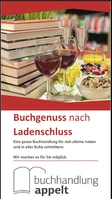 Flyer zur Veranstaltung Buchgenuss nach Ladenschluss. Zu sehen ist ein Bücherstapel, vor diesem stehen zwei Gläser und eine Schüssel mit Süßigkeiten