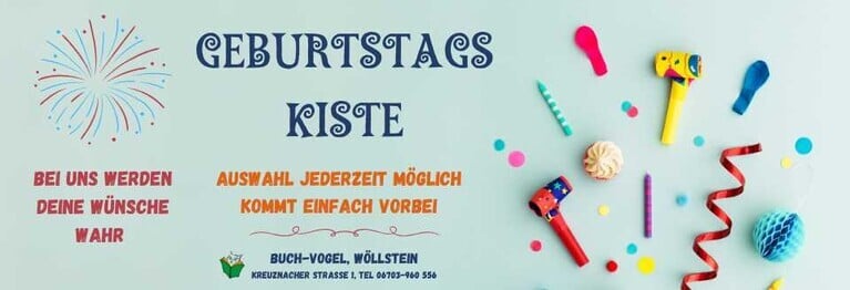 Du feierst Geburtstag? Dann mach doch eine Geburtstagskiste bei uns. Komm vorbei, sammle Deine Wunschartikel ein, schreibe auf die Einladung, dass eine Geburtstagskiste bei uns steht und Deine Gäste wissen, welchen Wunsch sie Dir erfüllen können.