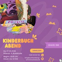 Veranstaltungsposter zum Kinderbuchabend am 07.05.2026 um 19:45 in der Buchhandlung Schwarz auf Weiß