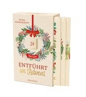 Auf dem Bild ist das Buchcover zu sehen. Ein beiges Buch mit einem Adventskranz und dem Titel "Entführt im Advent"