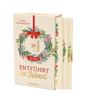 Auf dem Bild ist das Buchcover zu sehen. Ein beiges Buch mit einem Adventskranz und dem Titel "Entführt im Advent"