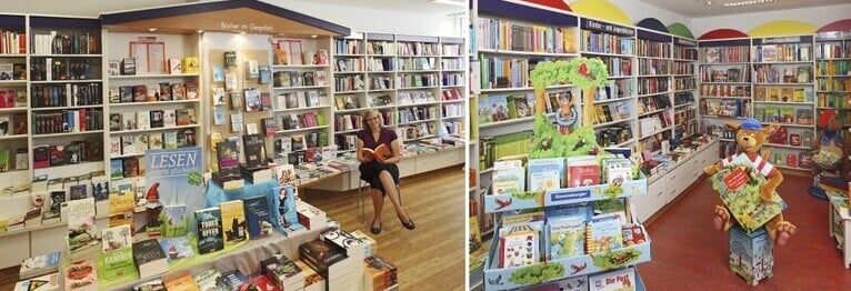 Innenansicht der Hiltruper Buchhandlung mit Blick auf die Kasse und den Verkaufsraum